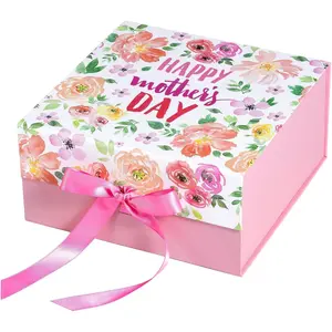 Mother's Day Floral Gift Box with Magnetic Closure Lid, Pink Watercolor Floral with Happy Mother's Day Text Decorative Box for Mom, Grandma, Wife, Gifts Packing, 8x8x4 Inches, 1 Pcs