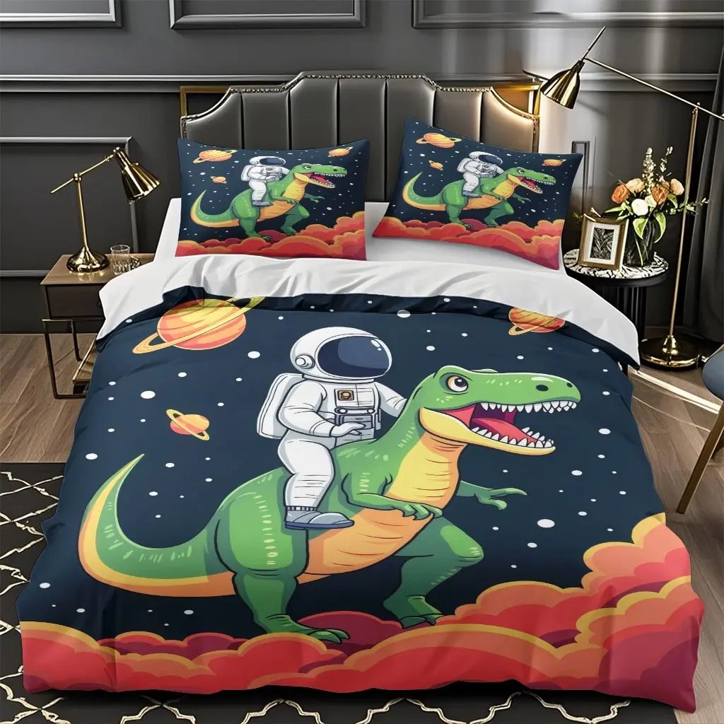 2/3Pcs Comfortable Dinosaur And Astronaut Space Quilt Set With High-Definition Digital Printing, Suitable For All Year Round! Clearance Sale Perfect Gift 100% Polyester Fiber Machine Washable (1 Duvet Cover +1/2 Pillowcase, No Filling)