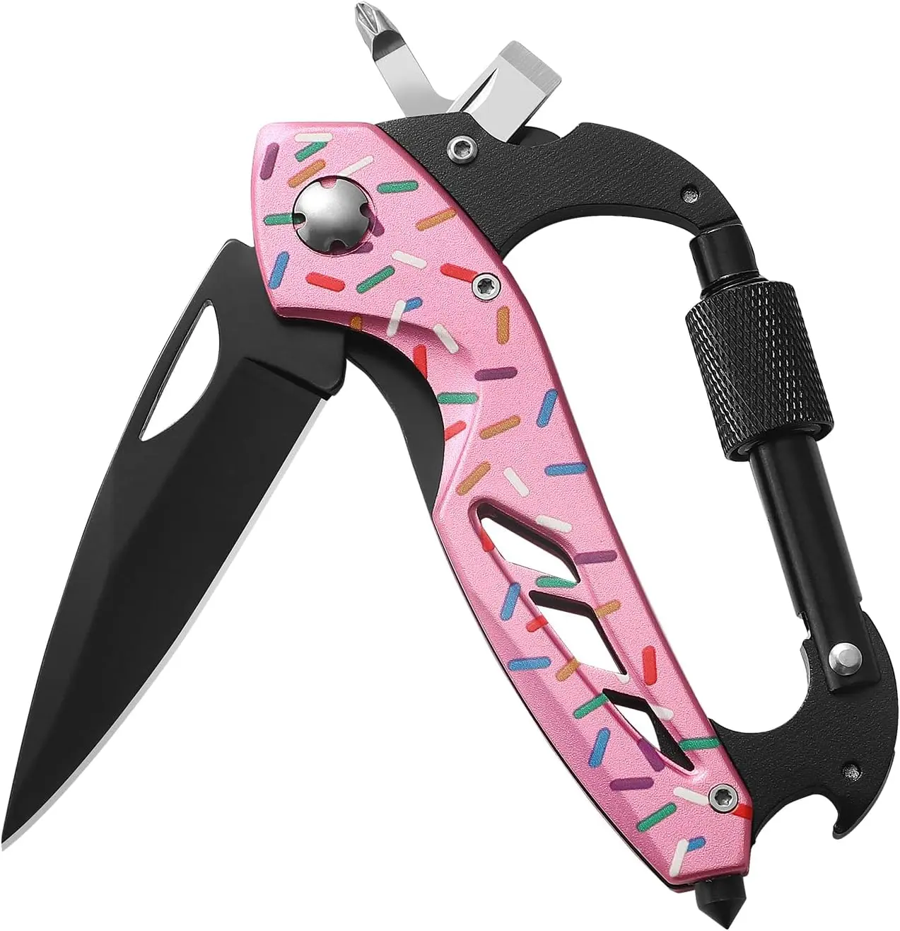 High-Carbon Steel Donut Shape Carabiner Multitool, Unisex 6-in-1 EDC Clip for Emergency Rescue, Camping & Hiking - Features Glass Breaker, Bottle Opener & Knife, Carabiner Multitools, Emergency Rescue Multitools