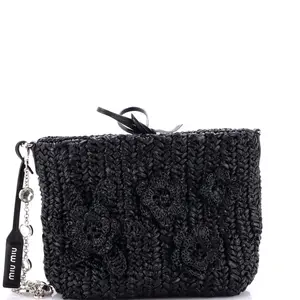 Pre-owned miu miu Crystal, Raffia Shoulder Bags Flower Crystal Chain Shoulder Bag Woven Raffia by Rebag