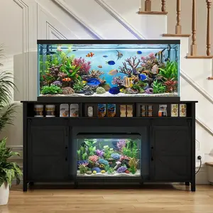 VOWNER 75-90 Gallon Fish Tank Stand with Power Outlet, Farmhouse Aquarium Stand with Storage Cabinet & Sliding Barn Doors, Heavy Duty Reptile Tank Stand, for 2 Tanks, 1000LBS Capacity