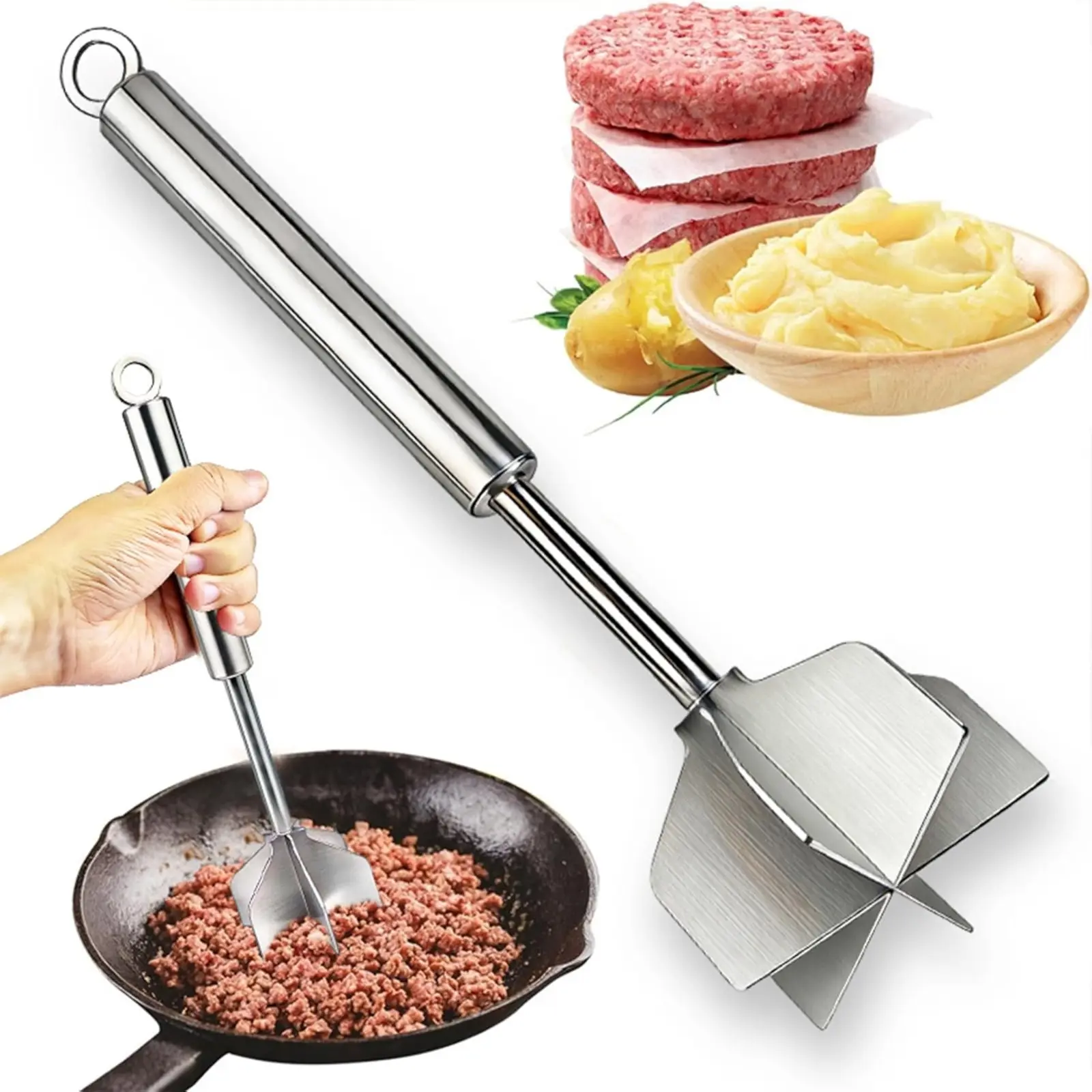 304 Stainless Steel Meat Chopper Masher 6 Blade Ground Beef Chopper Tool with Long Handle, Heavy Duty Hamburger Smasher for Potato, Turkey, Sausage & Vegetable Puree, Dishwasher Safe