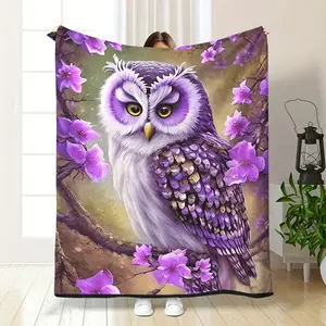 Owl Flannel Throw Blanket - Vibrant Purple Owl with Floral Patterns, Soft & Cozy for Bed, Sofa, Office, Camping & Outdoor Use, Machine Washable, All-Season Comfort, Owl Home Decor