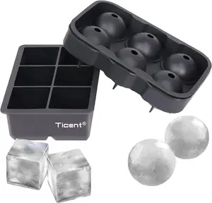 Ice Cube Trays (Set of 2), Silicone Sphere Whiskey Ice Ball Maker with Lids & Large Square Ice Cube Molds for Cocktails & Bourbon - Reusable &
