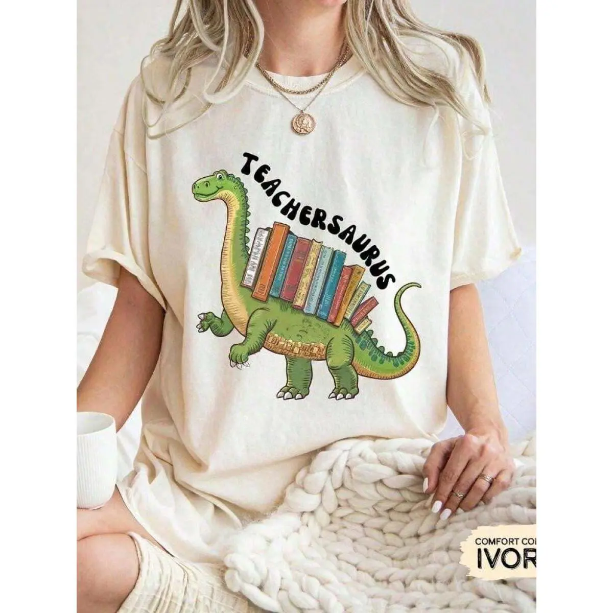 100_ Cotton funny teacher shirt, Teachersaurus shirt, kindergarten teacher shirt, dinosaur teacher shirt, breathable stylish print, round neck, short sleeves, Versati.Jpg, women's solid-colored boat collar sho
