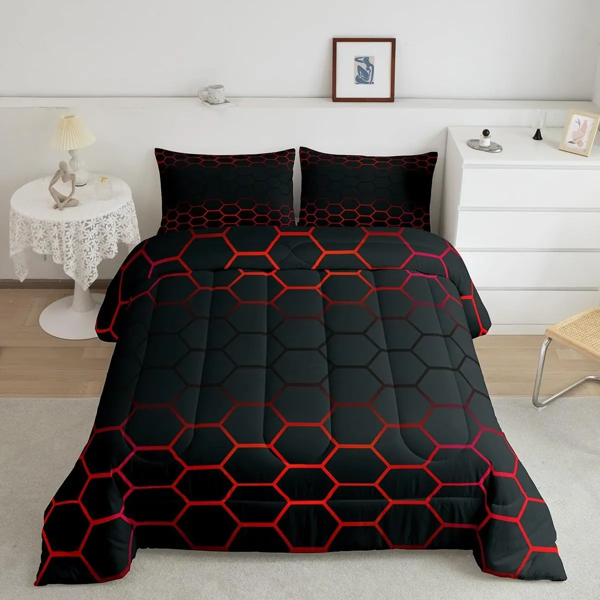 Luxury Microfiber Bedding Set - Modern Digital Print Red and Black Ombre Geometric Honeycomb Hexagon Bedspread Set, Breathable Designer Duvet Collection