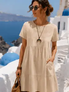 2026 Summer Cotton Linen Casual Midi Dress, Breathable Loose Short Sleeve, Round Neck Tiered Ruffle with Pockets, Comfy for Vacation & Daily Wear