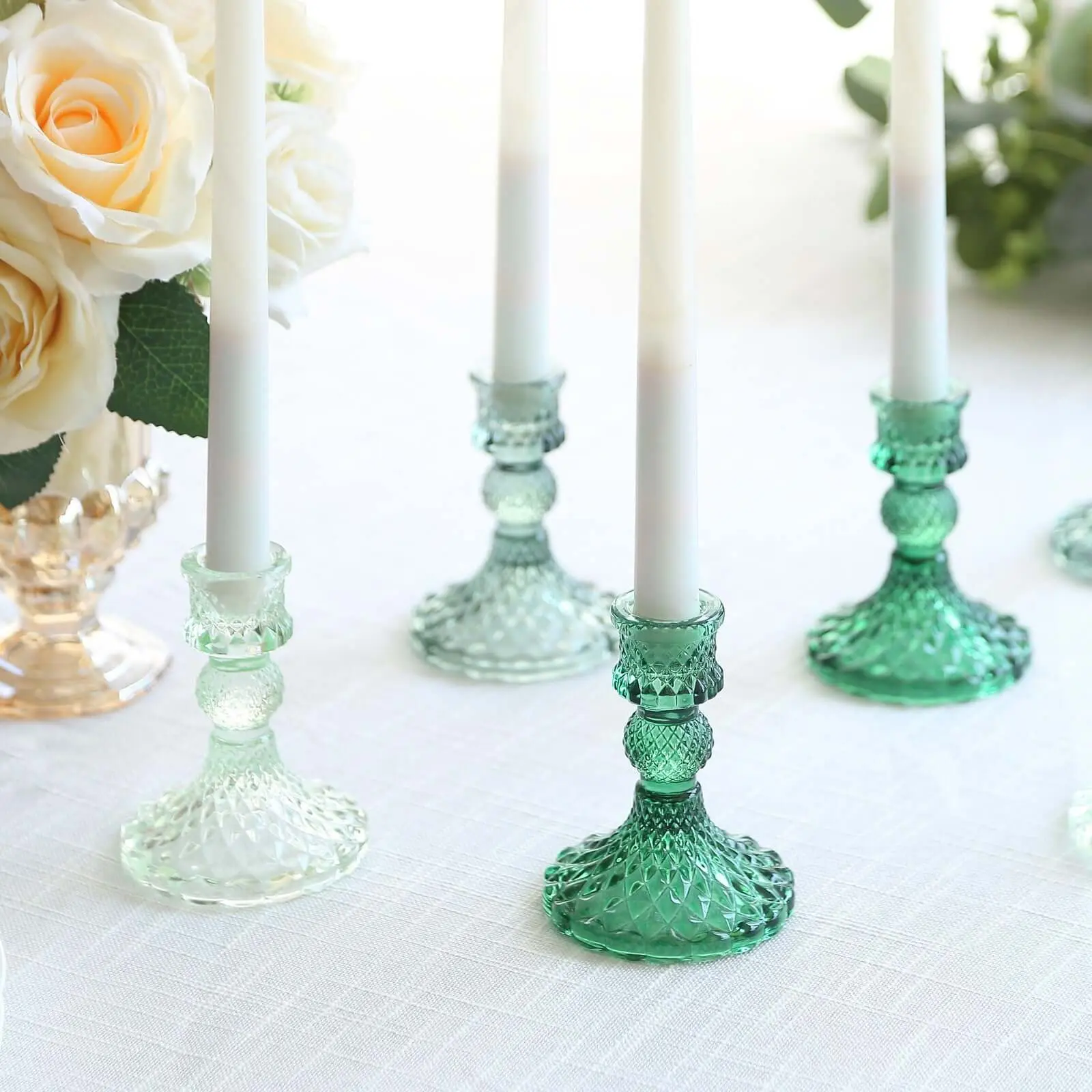 6-Pack Crystal Look Glass Taper Candlestick Holders - Diamond Pattern, Assorted Green, 4-Inch Reversible Pillar Votive Stands for Auspicious Room Decor, Shabbat Engagement Use