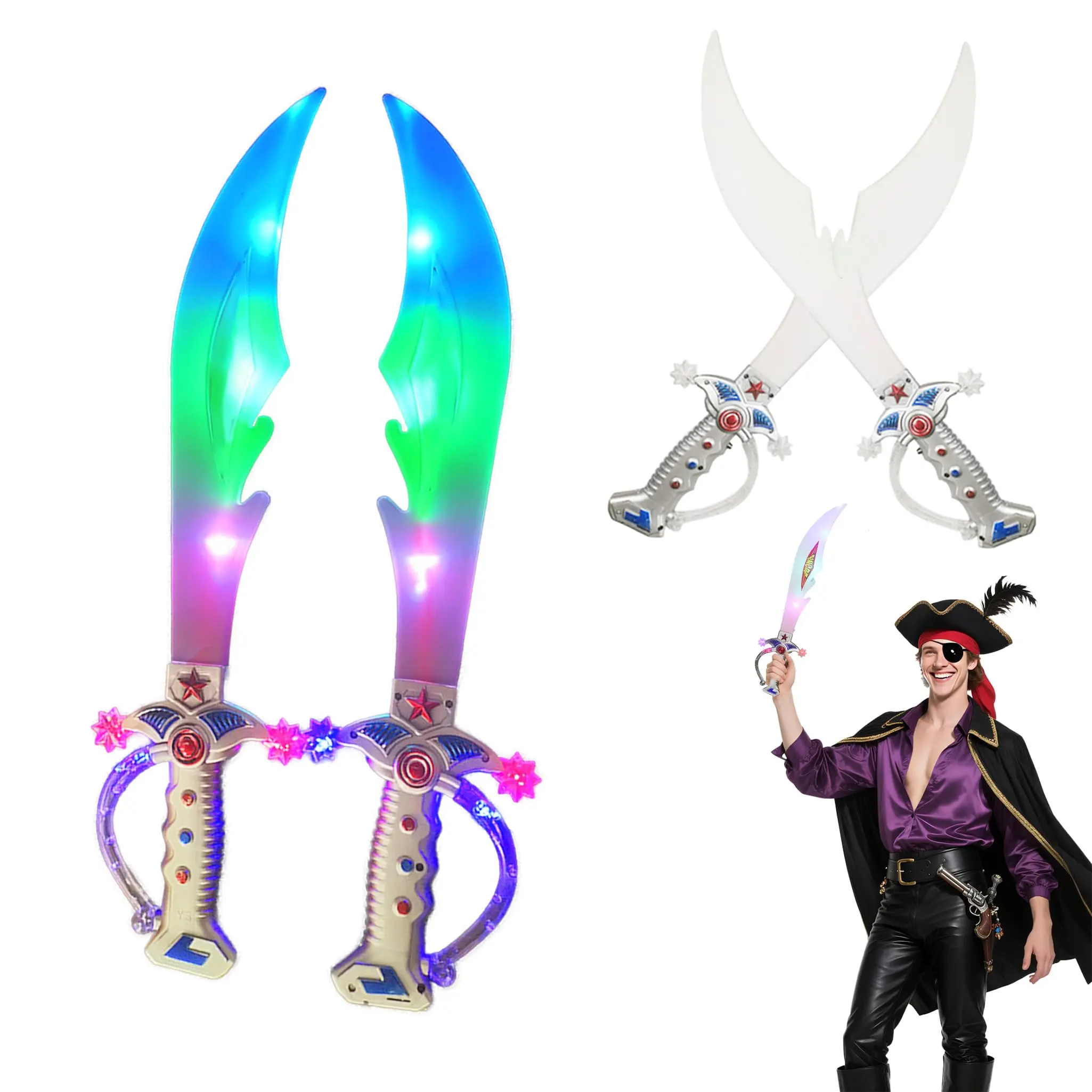 Light Up Pirate Toy Sword (Set of 2) - 22 Inch Light Up Durable Costume Toys with Flashing LED Lights and Sound Effects, Fun Play Swords Gifts for Halloween Birthday New Year Multi