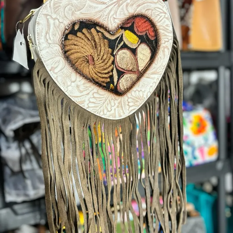 Women's Genuine Cow Hide Leather Crossbody Bag - Handcrafted, Casual, Unique Embroidery, Fringe Design, Patchwork Details, Zip Closure, Multi-Color Fashion Accessory