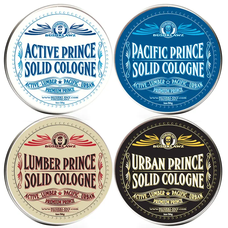 BushKlawz Premium Prince Solid Cologne Variety Gift Set Alcohol Free Concentrated Full Size Travel Friendly Tins Men's Fragrance 4 Manly Scents to Satisfy all Types spicebombcologne perfume