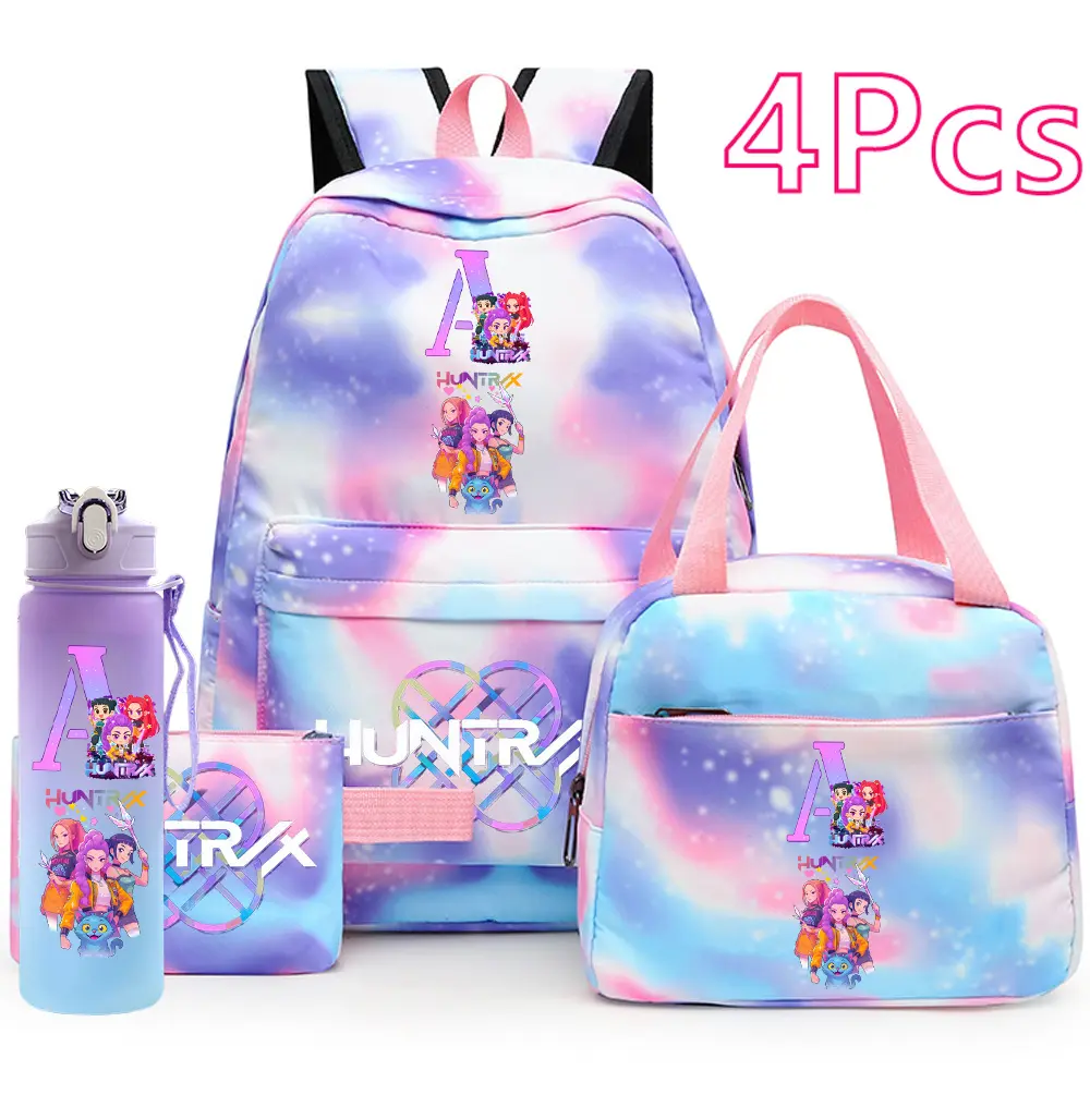 HUNTRIX Kpop Demon Initial Letter [A-Z] Custom School Backpack Set, 4-Piece Bundle with Bookbag, Lunch Bag, Pencil Case & Water Bottle, Pastel Galaxy Aesthetic Student Book Bag