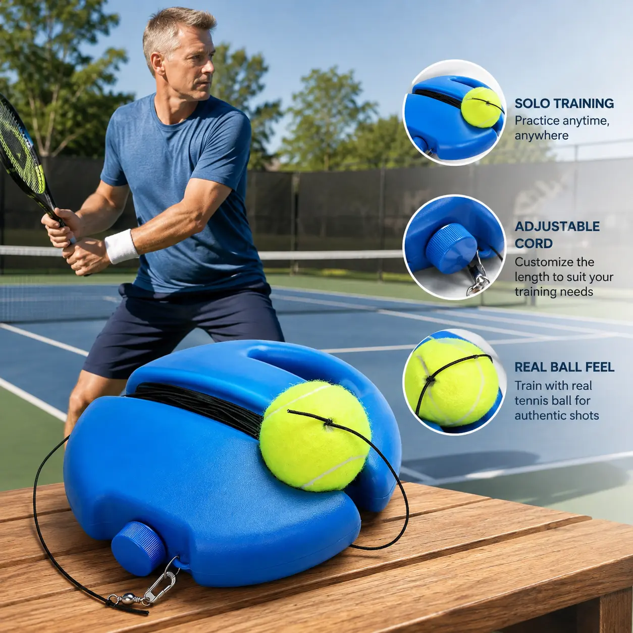 1 Count, Tennis Trainer Rebounder Set with Elastic Rope and Non-slip Base, Solo Tennis Practice Tool for Indoor Outdoor Beginner Training