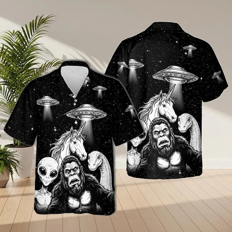 UFO Hawaiian Shirt, Alien Unicorn Design, Sci-Fi Mystery Button Down, Space UFO Collector Gift