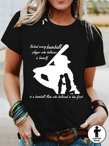 Women'S Baseball Mom Print T-Shirt, Casual Crew Neck Short Sleeves, Summer And Spring Tops, All Seasons