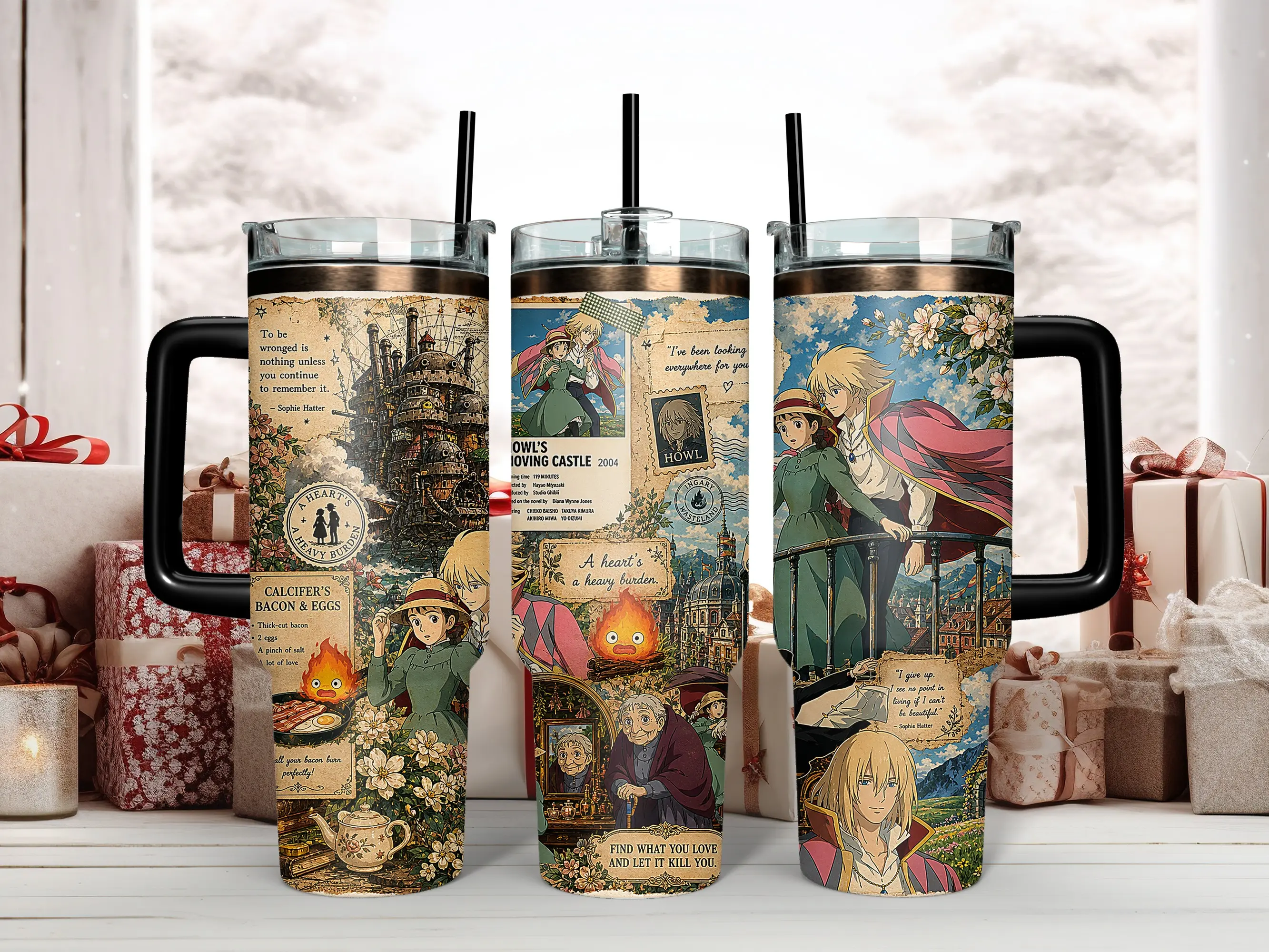 40oz Insulated Stainless Steel Straw Tumbler - Studio Ghibli Howl's Moving Castle Vintage Collage Drinkware with White Handle, Straw, Lid, Anime Art, Howl, Sophie, Calcifer, Classic Quotes for Miyazaki Fans (Portable, Reusable, Kitchenware), Insulation