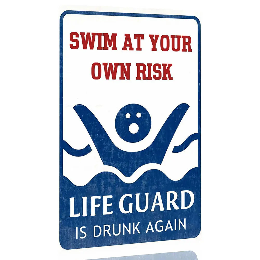 8 x 12 inch Lightweight Aluminium Metal Wall Plaque with Hanging Hole, Humorous "Swim At Your Own Risk" Vintage Sign, Outdoor Decor, Backyard Pool Deck Accessory & Gift a01, Beach