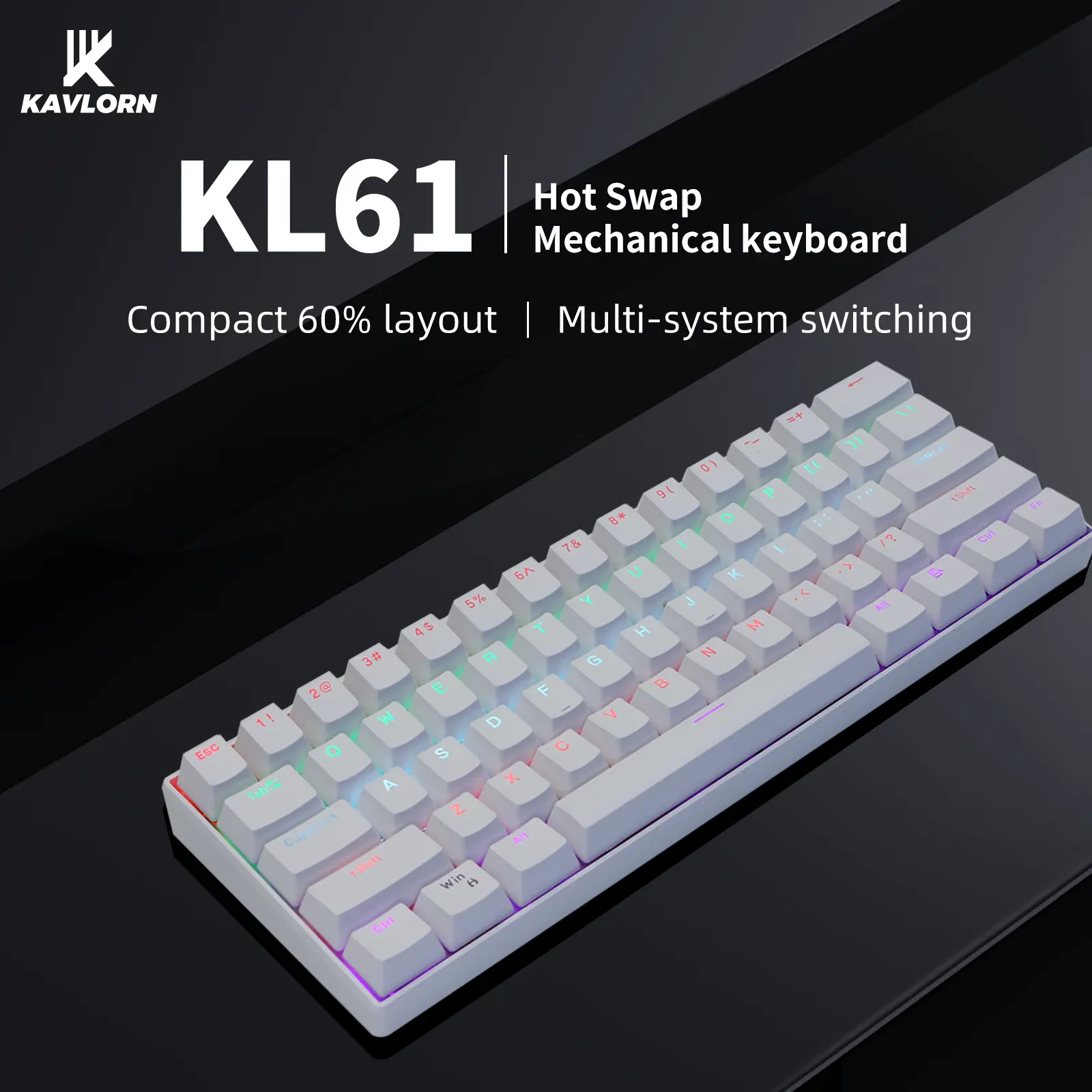 KAVLORN KL61 Hot Swappable 60% Mechanical Keyboard RGB PBT Keycaps Wired Gaming Keyboard For PC Mac
