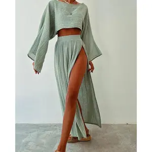 Linen Blend Crop Top Set Women's Vacation Outfit High Waist Split Hem Breathable Daily Wear Clothes Fashion
