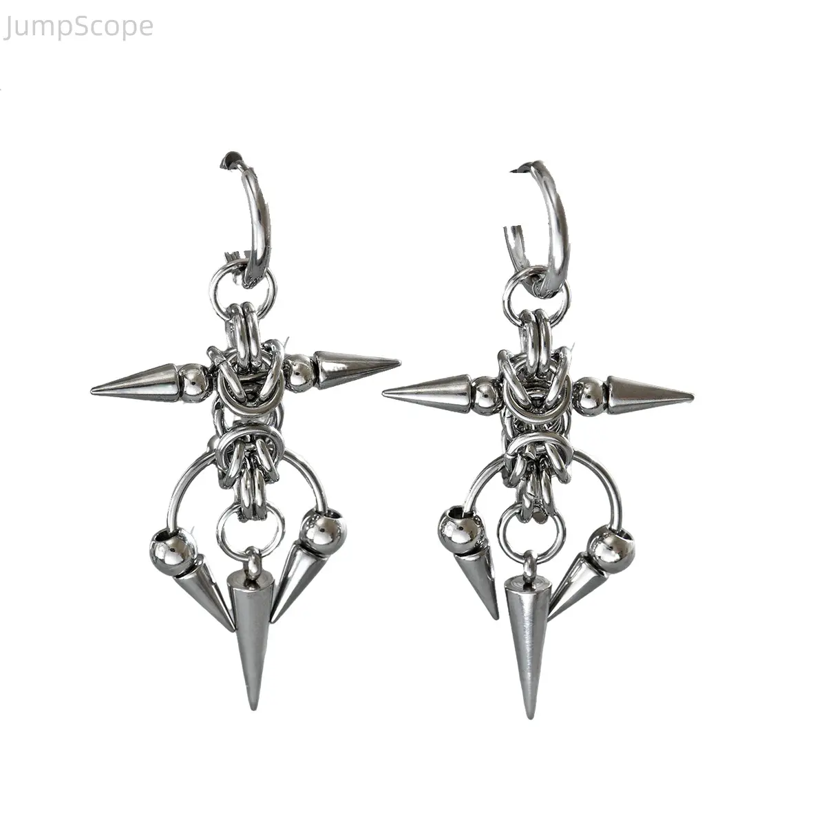 Punk Spiked Cone Dangle Hoop Earrings, Gothic Geometric Metal Chain Drop Earrings, Edgy Hip Hop Rivet Spike Statement Earrings for Alt Women Streetwear Jewelry