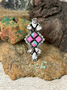 Handmade Sterling Silver Cotton Candy with Wild horse Magnesite Adjustable Ring "Signed Nizhoni"