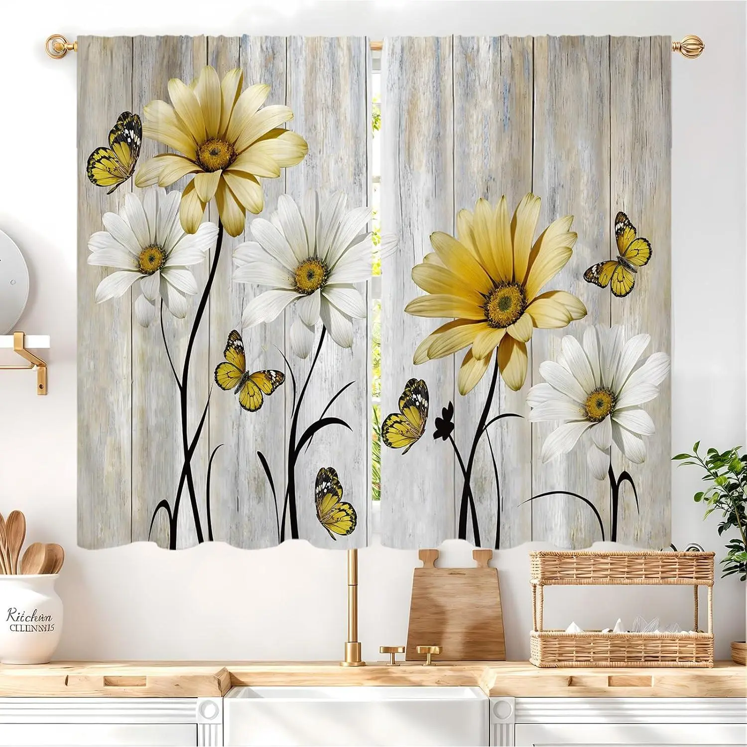 Traditional Farmhouse Rustic Yellow Daisy Kitchen Curtains - 2 Panels, 27.5x39 in, 0-1M Rod Pocket Small Short Cafe Tier Drapes, Home Decorative Curtain for Kitchen, Bathroom Window Treatment