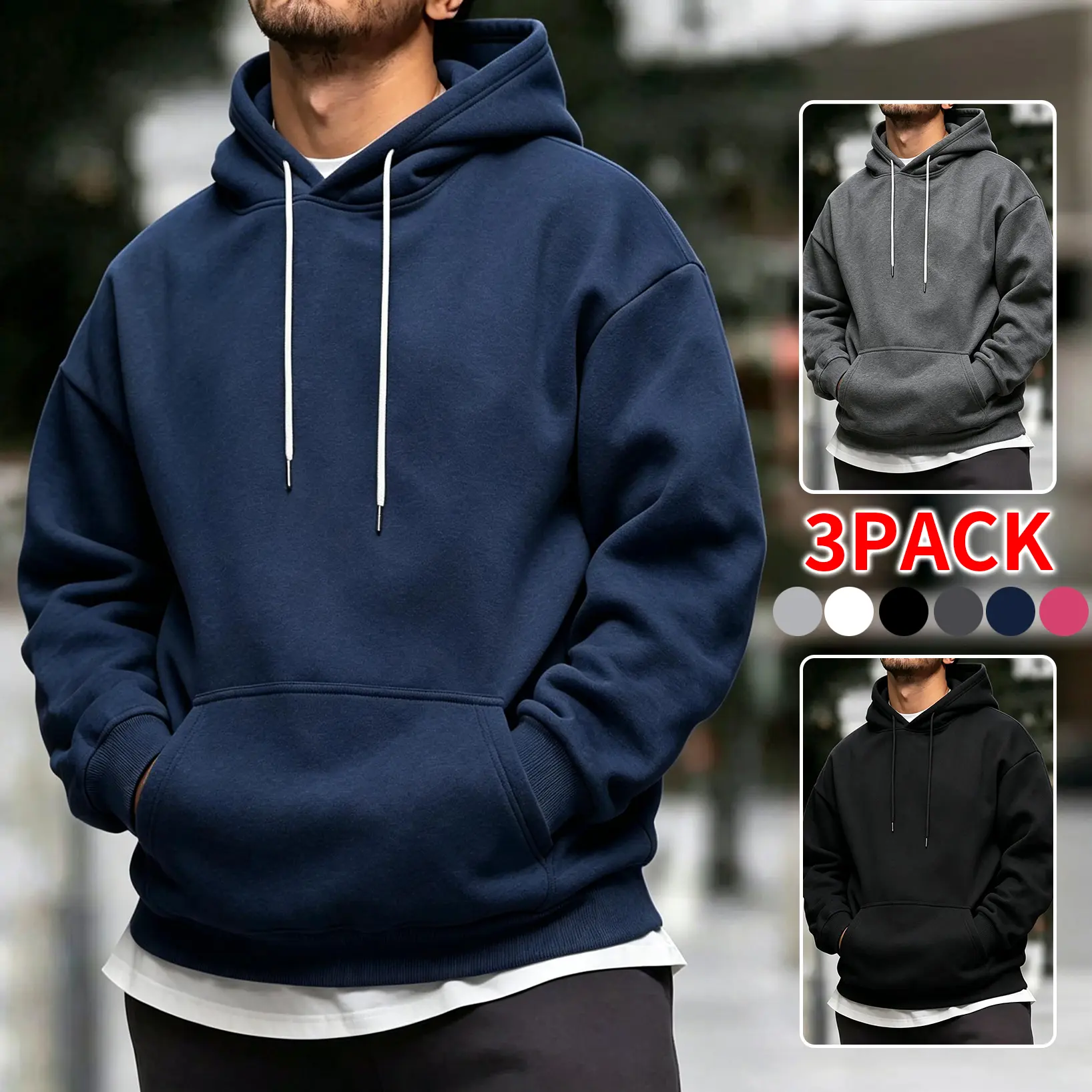3‑Pack Men Fall Winter Pullover Hoodie, Loose Long Sleeve Drawstring Hooded Sweatshirt, Soft Casual Streetwear Top for Young Men Daily Hangout Outdoor Going‑Out trendy everyday outfit