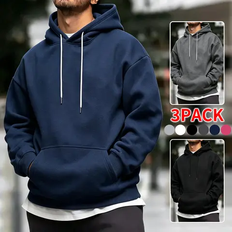 3‑Pack Men Fall Winter Pullover Hoodie, Loose Long Sleeve Drawstring Hooded Sweatshirt, Soft Casual Streetwear Top for Young Men Daily Hangout Outdoor Going‑Out trendy everyday outfit