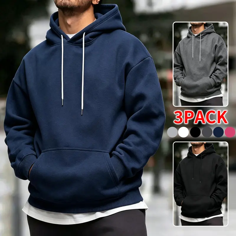 3‑Pack Men Fall Winter Pullover Hoodie, Loose Long Sleeve Drawstring Hooded Sweatshirt, Soft Casual Streetwear Top for Young Men Daily Hangout Outdoor Going‑Out trendy everyday outfit