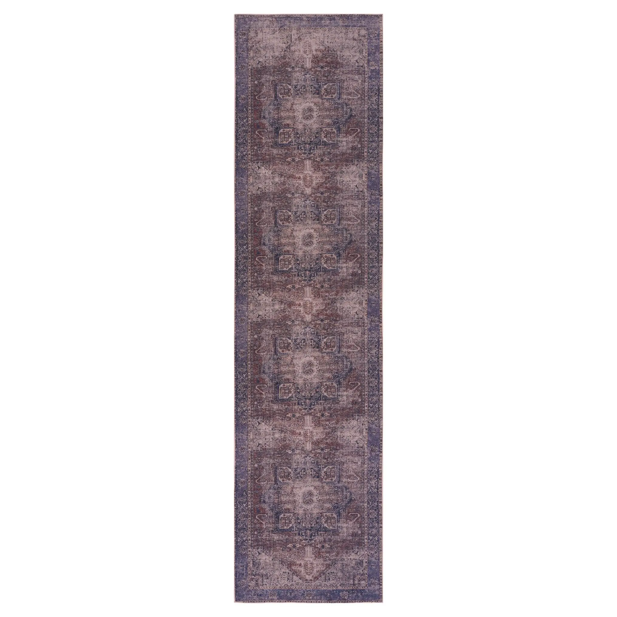 Elko 2'6'' x 10' Burgundy/Blue Machine Washable Low-Pile, Non-Slip, Non-Shedding, Foldable, Kid & Pet Friendly Area Rug