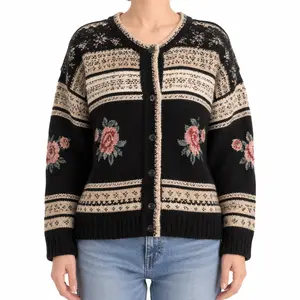 Rose Embroidered Fair Isle Knit Cardigan, Cozy Bohemian Sweater Jacket