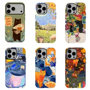 Colorful Artistic Cat Phone Case, Compatible for iPhone 17Promax 16 15 14 13 12 11 and for Samsung S26‑21, Whimsical Aesthetic, Y2K Art Vibe, Shockproof Protective Cover, Lovely Daily Gift