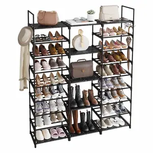 1pc 9 Tier Shoe Rack Organizer(129.5 Depth X 26.9 Width X 155.4 Height Cm), Black, 50-55 Pairs, Stackable Metal Shelf With Hooks For Entryway, Shoe Racks For Bedroom Closet, For Halloween And Christmas