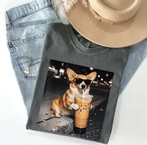 Comfort Colors Funny Corgi Drinking Iced Coffee T-shirt, Vintage Corgi Dog Shirt, Corgi Mom Gifts, Corgi Dad Unisex Tee, Dog Lover Gifts