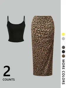 Two-piece Set Women's Leopard Print Crop Spaghetti Strap Tank Top & Skirt, Casual Sleeveless Top & Side Split Skirt for Daily Wear, Ladies Clothes for Spring & Summer, Suits, Matching Skirt Set, Casual Outfits Women, Womenswear