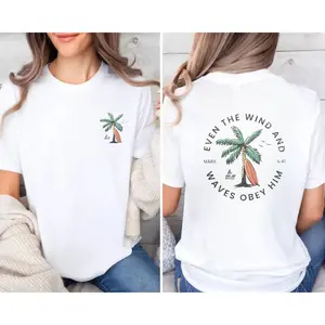 Christian Bible Verse Pattern T Shirt, Beachy Backprint Tops, Trendy Coconut Tree Shirt Unisex Tee Teen Baptism Gift Ocean Inspired Style Womenswear Printed