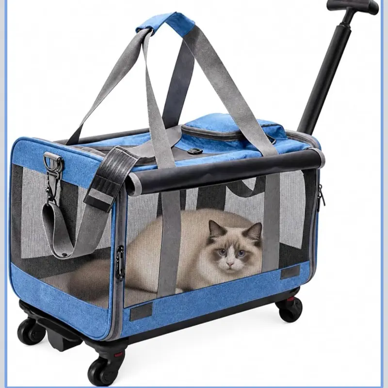 Rolling Cat Carrier with Detachable Wheels, Soft Sided, Blue Retractable Handle, Portable Pet Travel Bag, 17.7×11.8×11.8" for Large Cats up to 22 lbs & Small Dogs, Foldable for Car