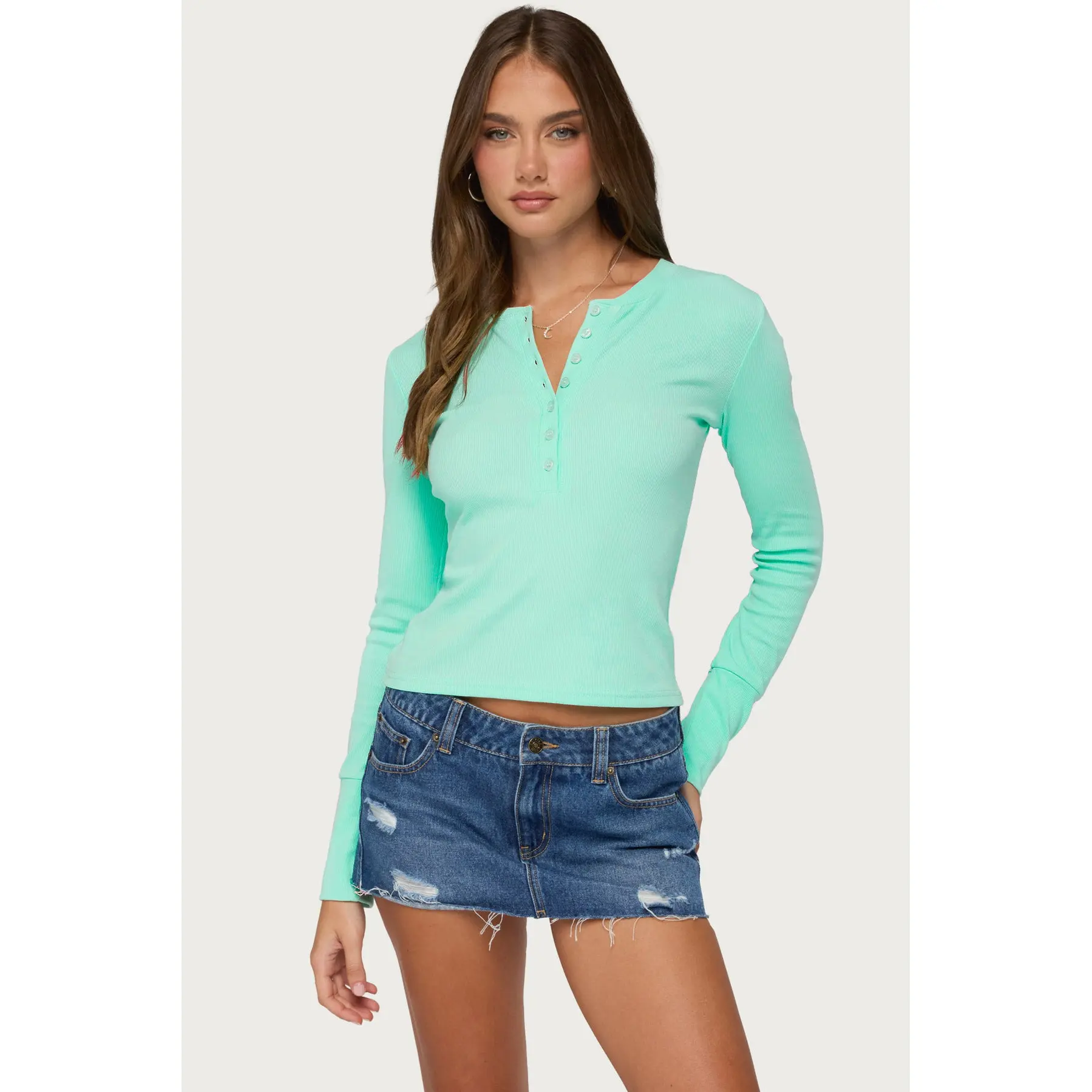 Yerin Long Sleeve Henley Ribbed Top