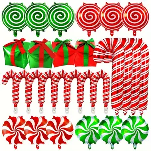 32-Pack Mixed Color Aluminum Film Inflatable Balloons Set - Candy Cane & Lollipop Shapes for Holiday Decor, Ages 14+ Round  Decoration Christmas