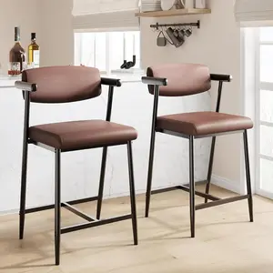 Bar Stools Set of 2 - 26.5inch Upholstered Counter Height Bar Stools for 2 with Armrest - Wider Thickened Cushion - Bar Chairs with Backrest for Bar/Dining Room/Kitchen - Retro Brown