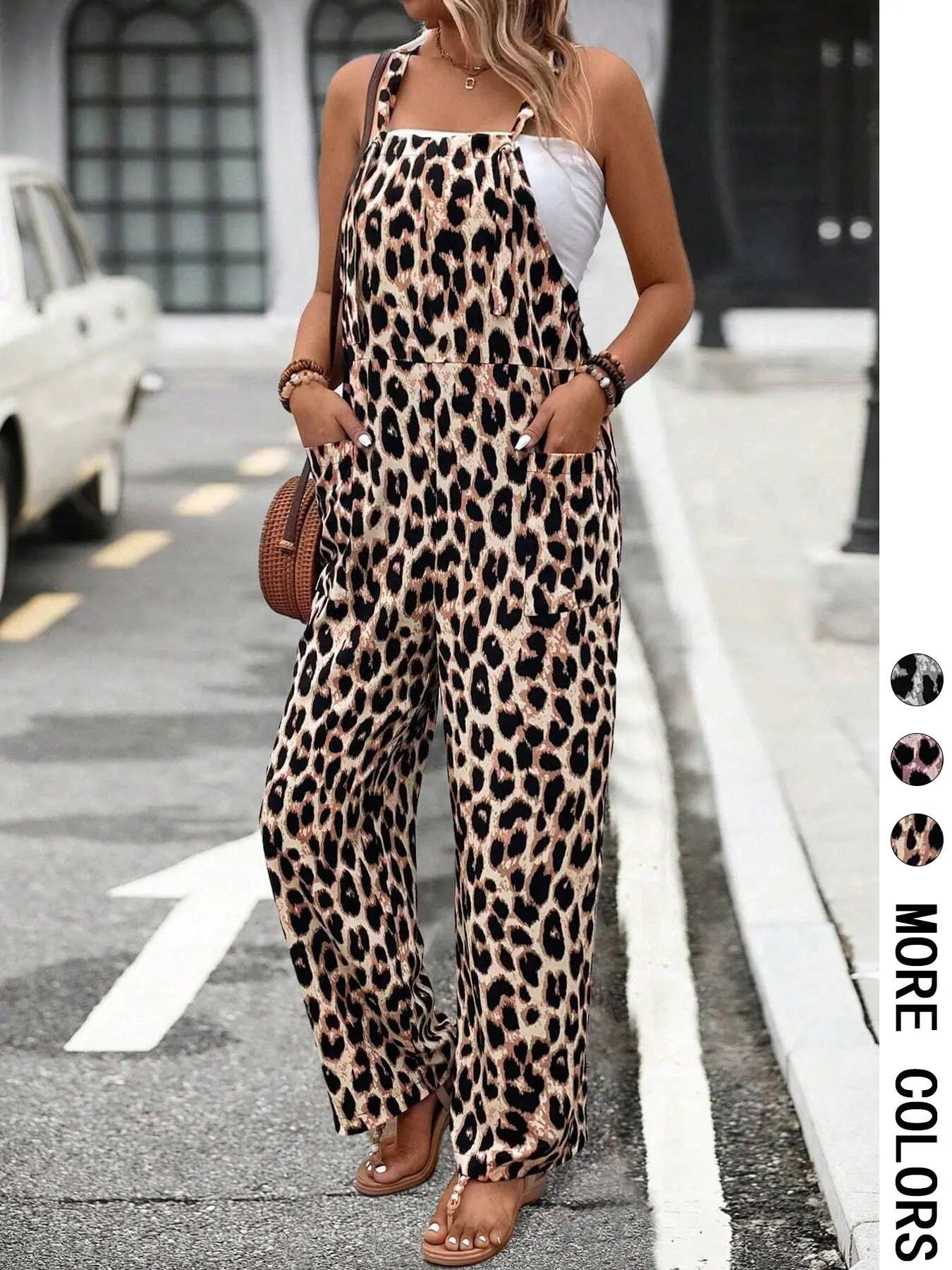 Women's Leopard Print Strap Pants Overalls, Loose Fit Wide Leg Casual with Pockets, Street Style Casual Fashion Romper Jumpsuit, Comfortable & Trendy Streetwear, Flowy Summer Overalls