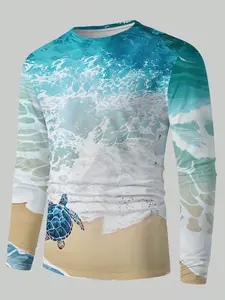 Men's Beach Style Turtle Print Long Sleeve T-Shirt, Casual Sporty Daily Wear, Athletic Activewear, Cycling Football Shirt, Loose Fit, All Seasons