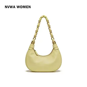 The Butter Crescent Bag - Chic Pastel Yellow Shoulder Purse Smooth Vegan Leather with Woven Chain Strap for Spring Summer