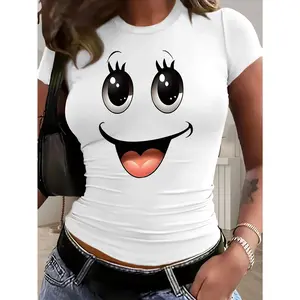Y2K Style Spring And Summer Fashion Sexy Short-Sleeved T-Shirt, Cute Expression Drawing Pattern Print, Short-Sleeved Round Neck Top