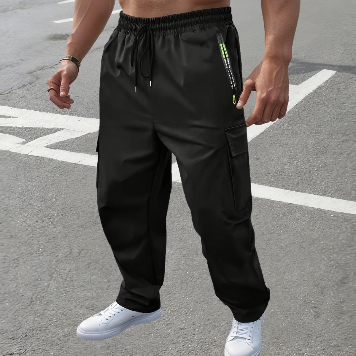 Men's Heavy Duty Pants with Multi Pocket Design Straight Leg Cargo Trousers, Adjustable Drawstring Waist, All Season Casual Outdoor & Workwear (Compatible for,, Travel) Solid Color. Menswear