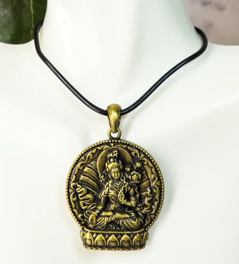 Religious Ebros Buddhism White Arya Tara Healing Pendant Medallion Necklace, Lead-Free Pewter Metal Alloy Jewelry, 1.5" Wide, 2" High, 15" Long
