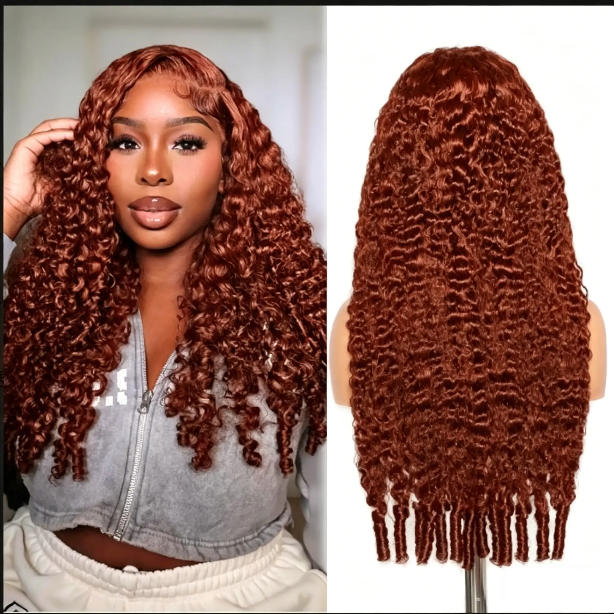 Reddish Brown Lace Front Wig 13X6 Burmese Curly Lace Front Wigs Human Hair Pre Plucked with Baby Hair 33# Colored Red Wig 180% Density for Women 26Inch