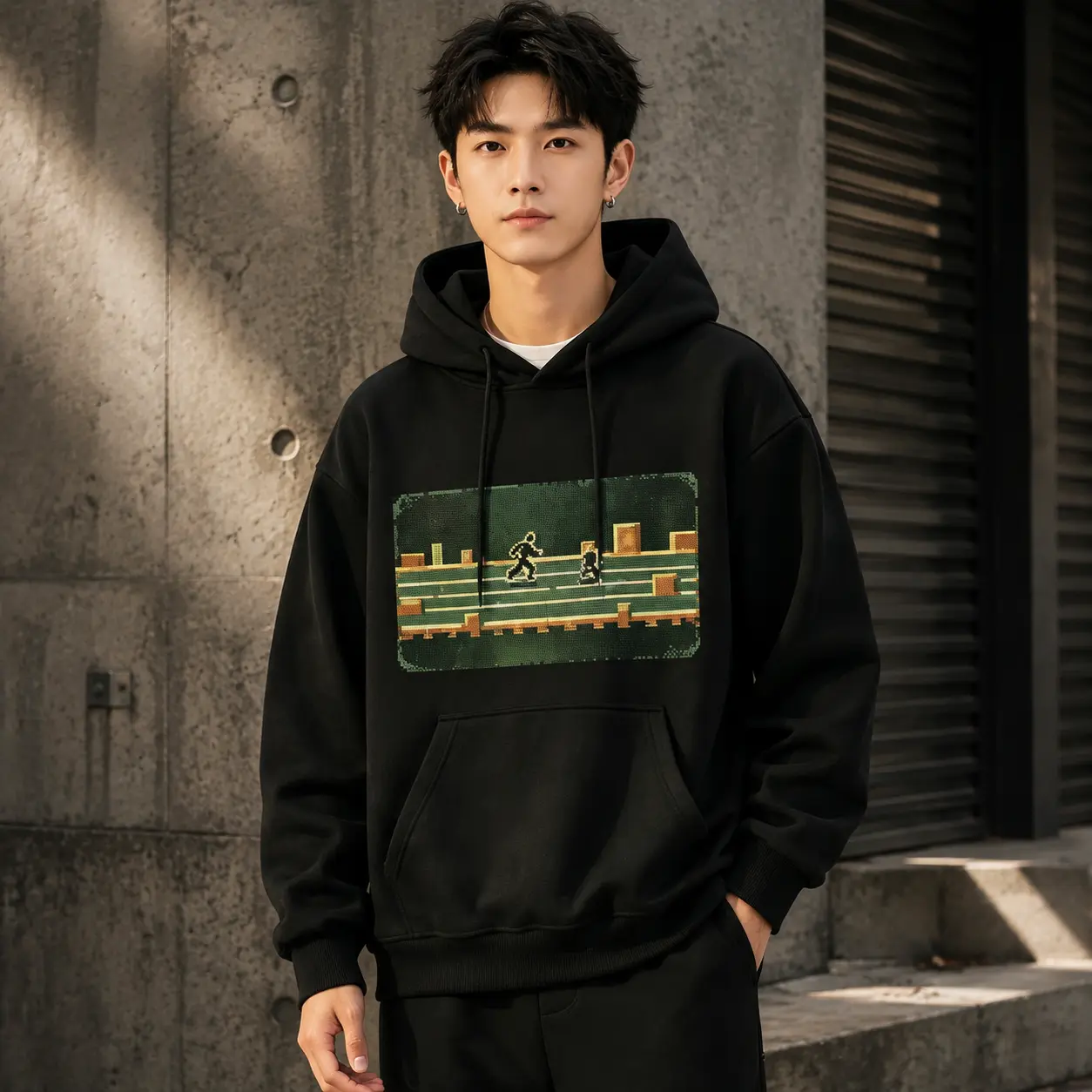 Men Oversized Retro Pixel Video Game Print Pullover Hoodie, 50% Cotton 50% Polyester Brushed Fleece Drawstring Hooded Sweatshirt, Vintage Gamer Graphic Streetwear Hoodie With Kangaroo Pocket Fall Winter Casual Tops Black Menswear