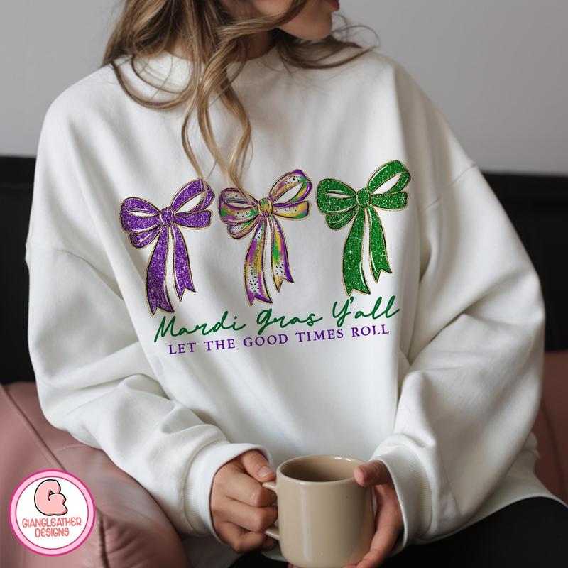 Preppy Mardi Gras Y'All Sweatshirt, Mardi Gras Sweater, Fleur De Lis Coquette Sweatshirt, Brushstroke Mardi Gras Sweatshirt