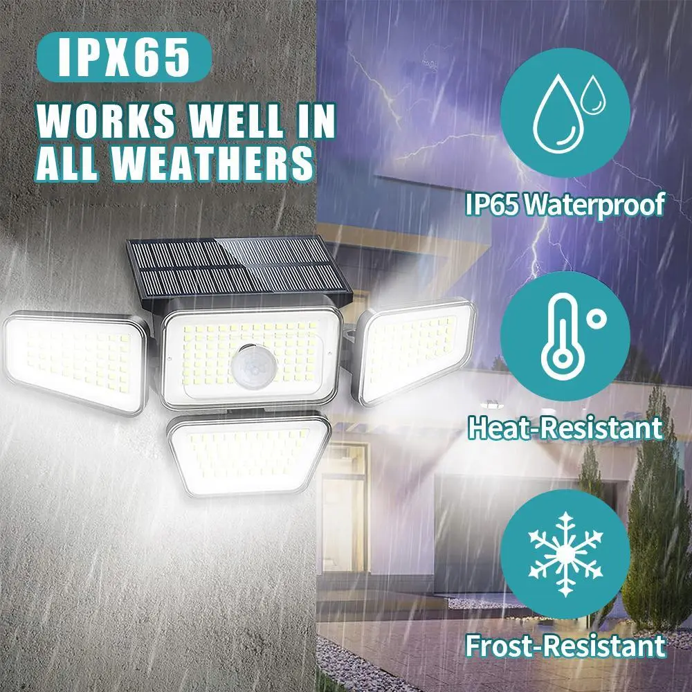 Outdoor Solar Security Light, 4-Head 270 LED Motion Sensor with 3 Automatic Modes, 270° Coverage, IP65 Waterproof for Exterior Walls, Garage Doors, Outdoor Patio Lights, Solar Security Lights
